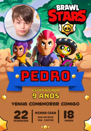 Convite de Aniversário Brawl Stars com Foto para Editar Online