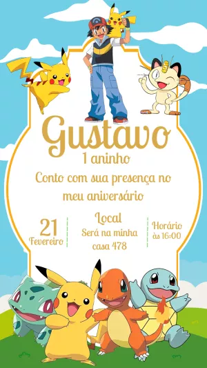 Convite de Aniversário Pokémon com Personagens para Editar Online