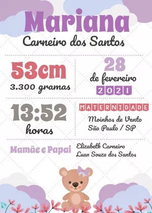Quadro Nascimento Bebê Ursinha Delicada para Editar Online