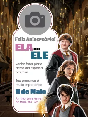 Convite Aniversário Harry Potter com Foto para Editar Online