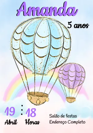 Convite Aniversário Balão Aquarela para Editar Online e Imprimir