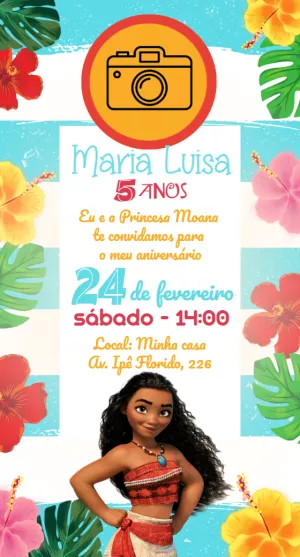 Convite de Aniversário Moana com Foto para Editar Online