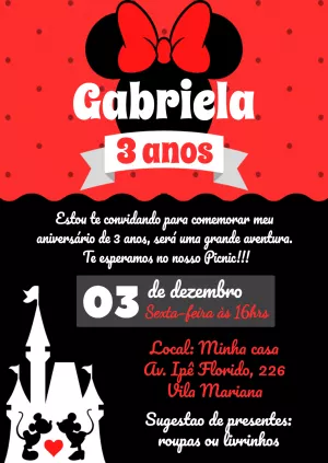 Convite de Aniversário Minnie Vermelha Piquenique para Editar