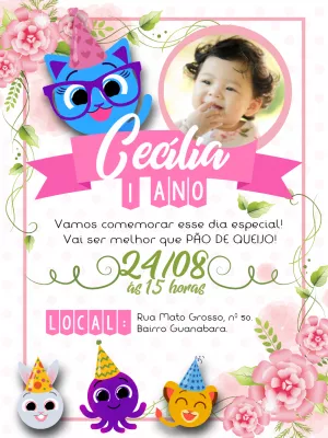 Convite Bolofofos Floral com Foto para Editar Online