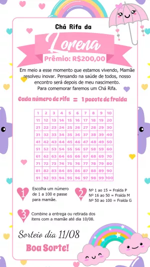 Chá Rifa Chuva de Amor com Cartela de Números para Editar