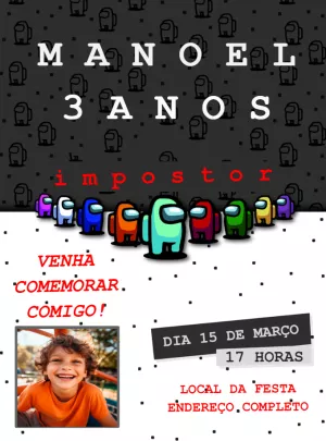 Convite Aniversário Among Us com Foto para Editar Online