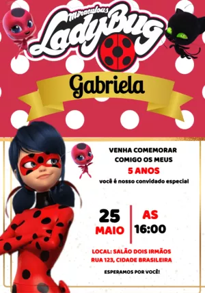 Convite Aniversário Ladybug Miraculous para Editar Online