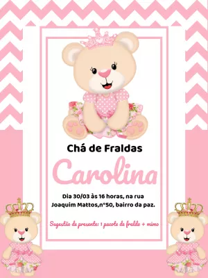 Convite Chá de Fraldas Ursinha Princesa para Editar Online