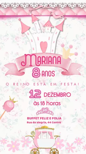 Convite Aniversário Realeza Rosa com Castelo para Editar