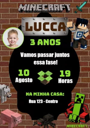 Convite Aniversário Minecraft com Foto para Editar Online