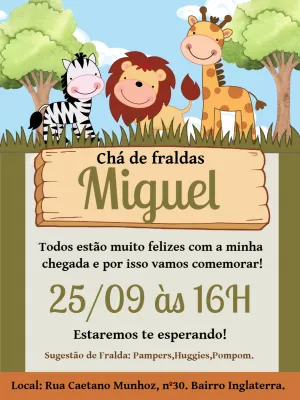 Convite Chá de Fraldas Safari com Animais para Editar