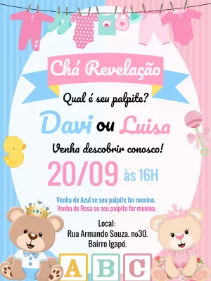 Convite Chá Revelação Ursinhos Príncipe e Princesa para Editar