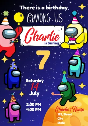 Among Us Birthday Invitation with Crewmates to Edit Online