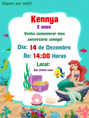 Convite Aniversário Pequena Sereia com Ariel para Editar Online