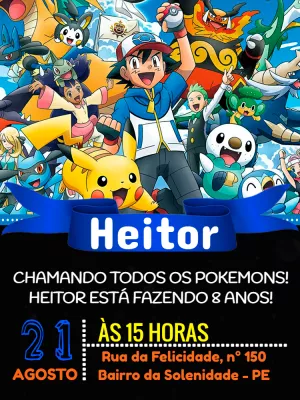 Convite de Aniversário Pokémon com Ash e Pikachu para Editar