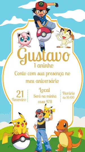 Convite de Aniversário Pokémon com Personagens para Editar Online