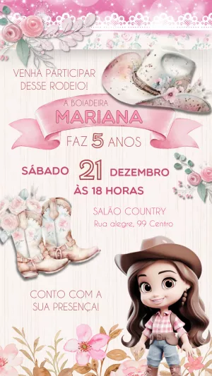 Convite Aniversário Boiadeira Rosa Delicado para Editar