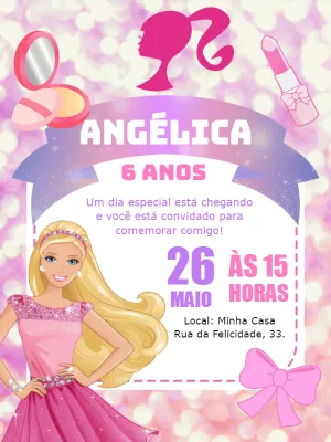 Convite Aniversário Barbie com Glitter para Editar Online