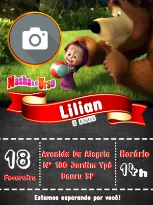 Convite Aniversário Masha e o Urso com Foto para Editar