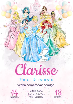 Convite de Aniversário Princesas da Disney para Editar Online