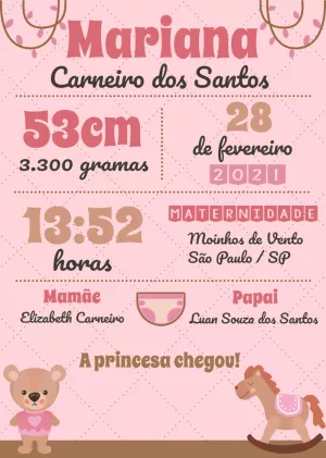 Quadro de Nascimento Ursinha Rosa para Editar Online