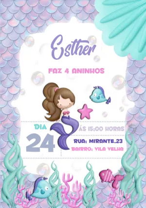 Convite de Aniversário Sereia Fundo do Mar para Editar Online