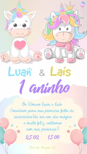 Convite Aniversário Gêmeos Unicórnio para Editar Online