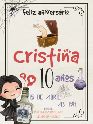 Convite de Aniversário Wandinha Aquarela com Mãozinha para Editar