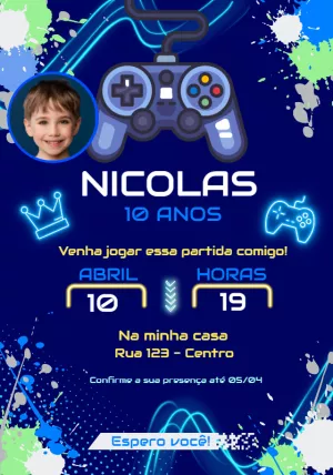 Convite Aniversário Gamer com Foto para Editar Online