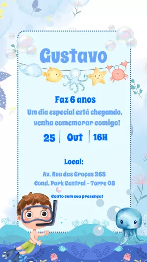 Convite de Aniversário Fundo do Mar Menino para Editar Online