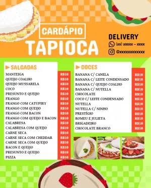 Cardápio de Tapioca Editável com Design Moderno para Editar