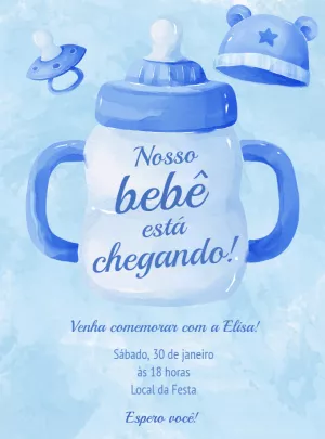 Convite Chá de Bebê Menino Mamadeira Azul para Editar Online