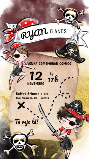 Convite de Aniversário Pirata Infantil para Editar Online