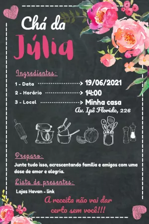 Convite Chá de Cozinha Quadro Negro com Flores para Editar