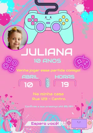 Convite Aniversário Gamer Menina com Foto para Editar Online
