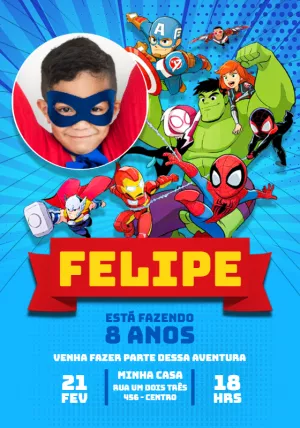 Convite Aniversário Super Hero Adventures com Foto para Editar