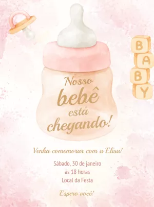 Convite Chá de Bebê Menina Mamadeira Aquarela para Editar Online