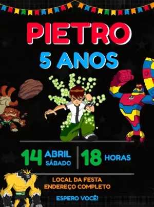 Convite Aniversário Ben 10 com Aliens para Editar Online