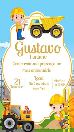 Convite de Aniversário Construtor com Caminhão para Editar