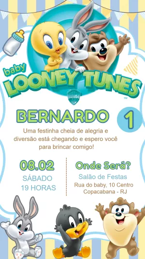 Convite Aniversário Baby Looney Tunes Editável Online