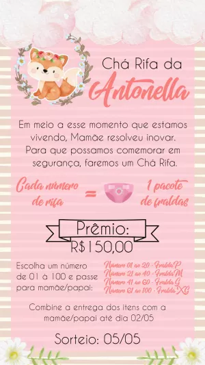 Convite Chá Rifa Raposinha Menina Editável Online para Enviar