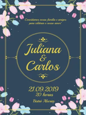 Convite de Casamento Floral Azul e Rosa para Editar Online