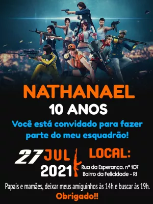 Convite de Aniversário Free Fire com Personagens para Editar