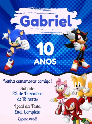 Convite de Aniversário Sonic e Turma para Editar Online