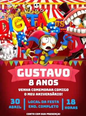 Convite Aniversário Circo Digital com Personagens para Editar
