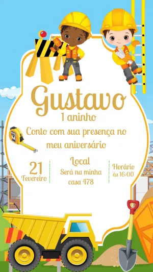Convite de Aniversário Construção com Meninos para Editar Online