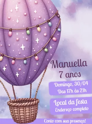 Convite de Aniversário Balão Lilás para Editar Online