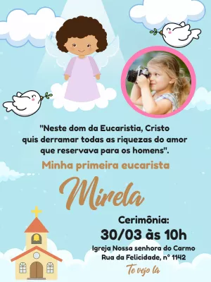 Convite Primeira Eucaristia Menina com Foto para Editar Online