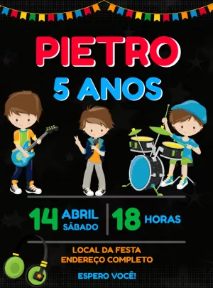 Convite Aniversário Banda de Rock Infantil para Editar Online