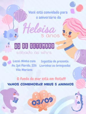 Convite de Aniversário Fundo do Mar com Sereia para Editar